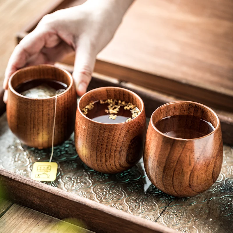 Factory Direct Custom Logo Vintage Wood Grain Big Belly Tea Cups and Saucers Premium Wooden Coffee Mug