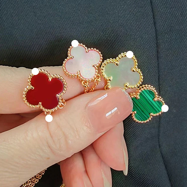 High Version Gold Four-Leaf Clover Bracelet 18K Gold Necklace Rose Red Chalcedony Agate White Shell Pendant Clavicle Chain