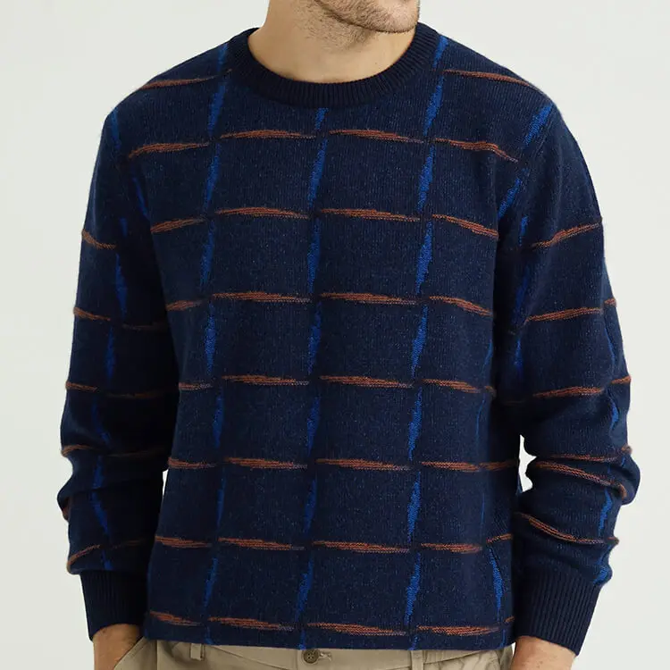 Mens Intarsia 100% Recycled Cashmere Knit Sweater Winter Crew Neck Pullover Jumpers For Men China Knitwear Manufacturer