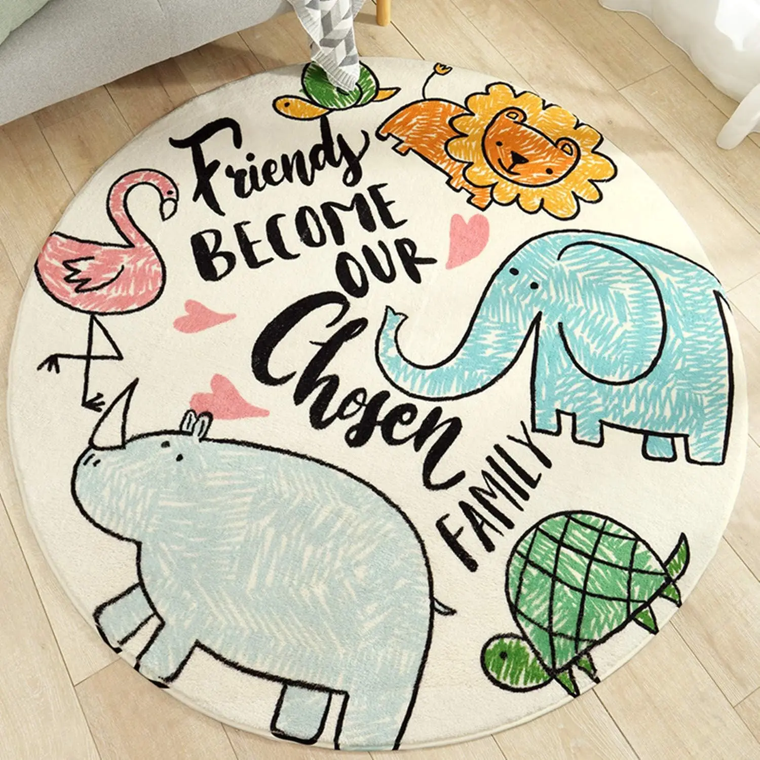 Round Faux Wool Cartoon Area Rug Cute Animal Kids Crawling Carpet Super Soft Non-Skid Mat for Teen Girls Boys Bedroom