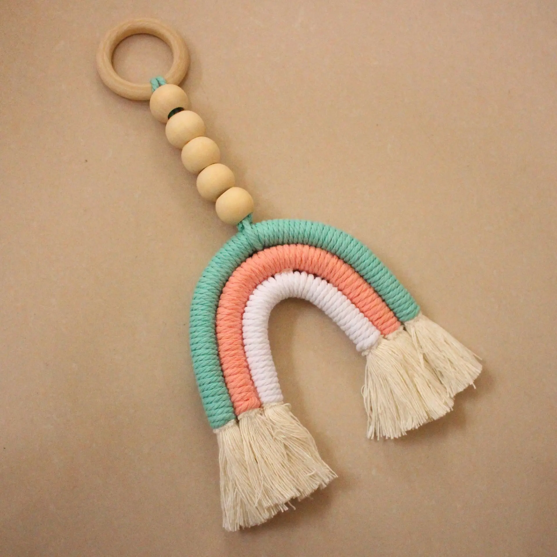 
INS 16 Style Organic Wooden Beads Baby Nursing Teether Toy Baby Rainbow Macrame Teether Wooden Teething Ring 