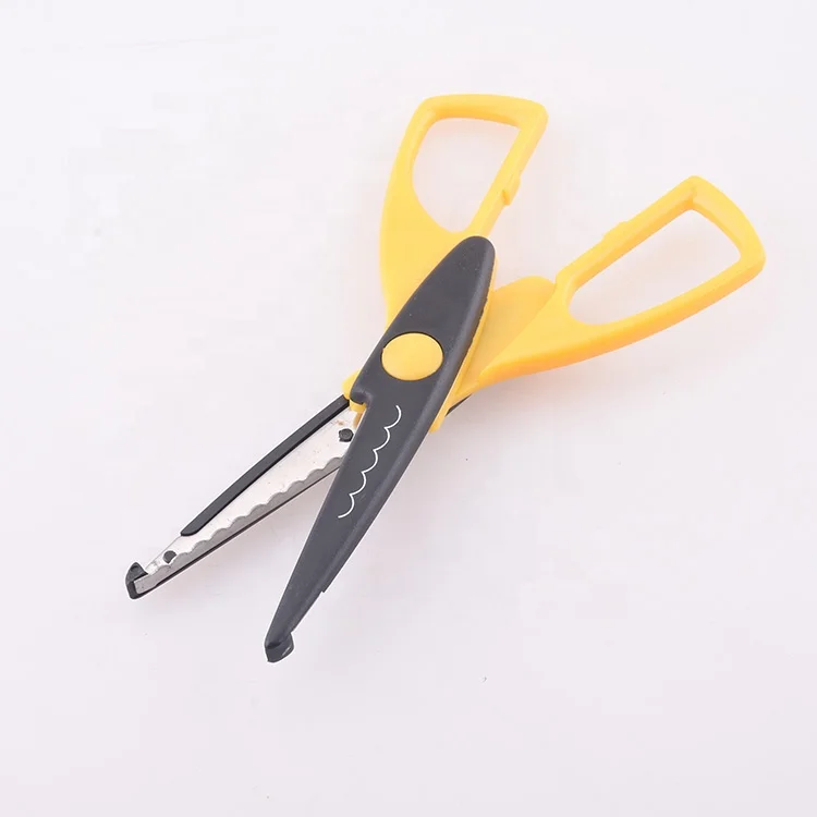stainless steel material types mall craft home use cutting edge scissors safety plastic kitchen students wavy scissors