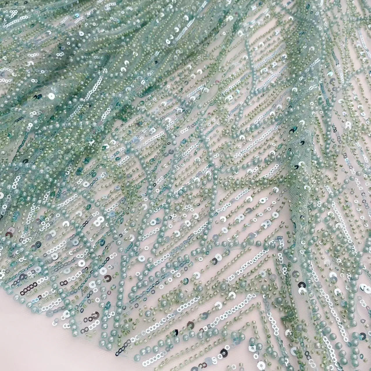 LS136 High Quality African Embroidery Bridal Pearl Lace Fabric Luxury Heavy Beaded Sequins Lace Fabric For Wedding Dress