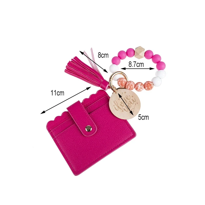 2024 Silicone Bead Bangle wood disc Key Ring Leather Credit Card Holder Tassel Bangle Keychain With Matching Wristlet Wallet