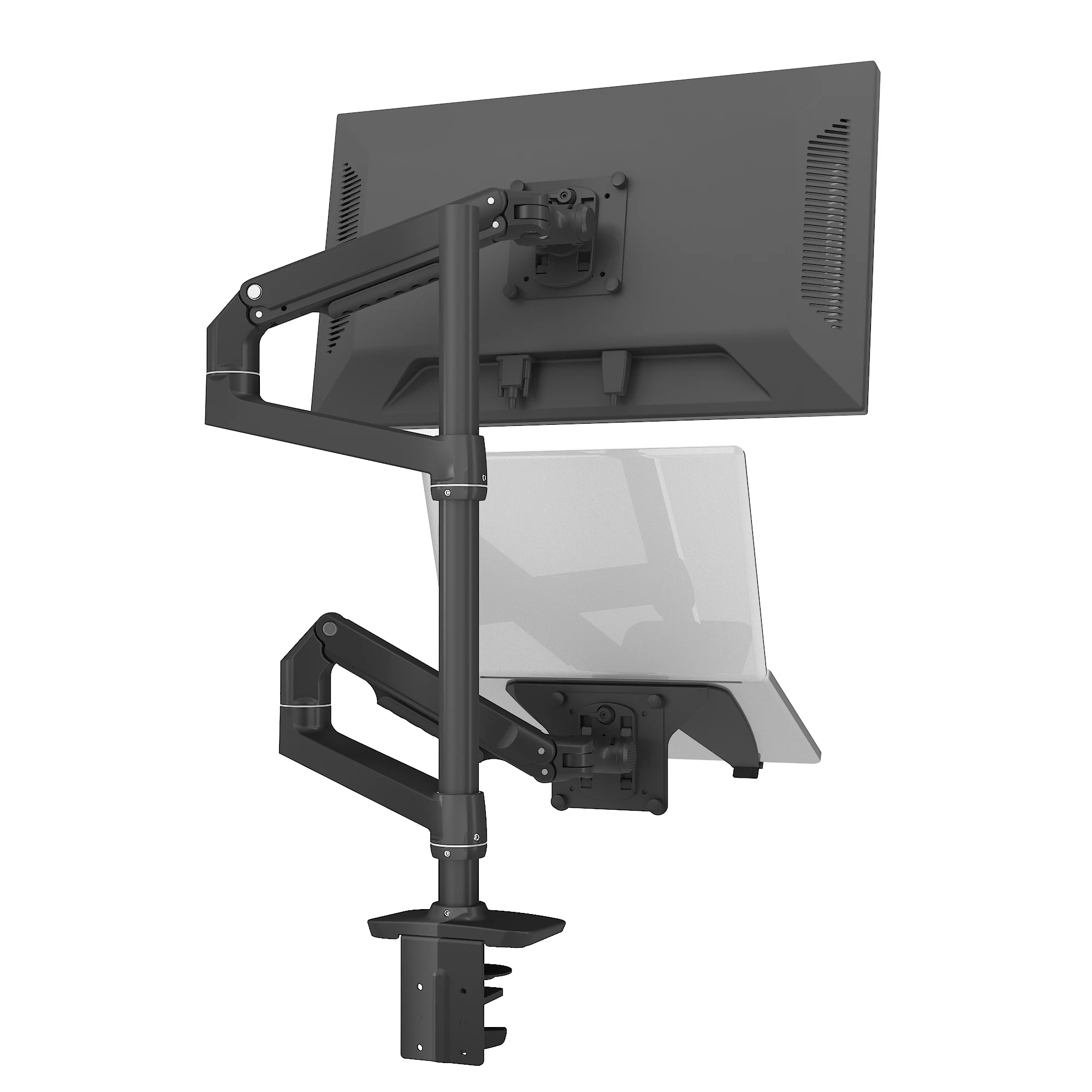 High quality aluminum alloy gas spring free adjustable vertical monitor screen/laptop arm dual mount