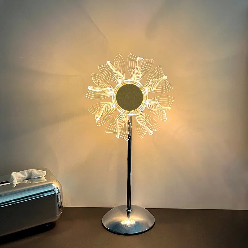 Newest Wholesale Acrylic 3d Sunflower Pinwheel 3 Colors Change Led Night Light Base Creative Table Lamp Bedside For Home Decor