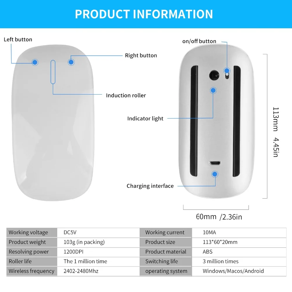 BT5.0 Wireless Arc Touch Magic Mouse Ergonomic Ultra Thin Rechargeable Mouse For Macbook Mice