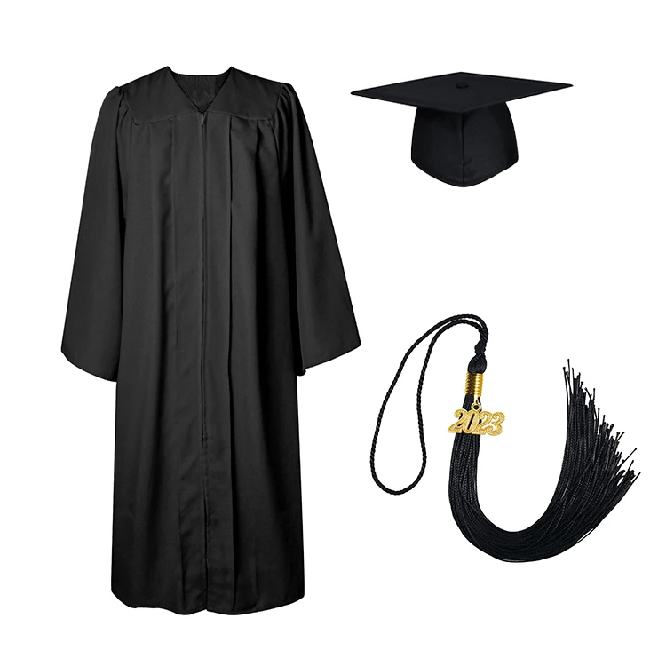 College Black Matte Graduation Gown Cap Tassel with year Charm Black Color