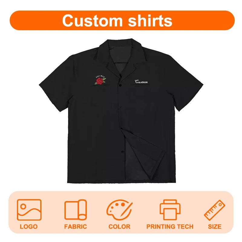 Wholesale Custom Logo Mens Camp Collar Uniform Printed Open Button Up Half Sleeved Letter Two Pocket Plaid Casual Shirts For Men