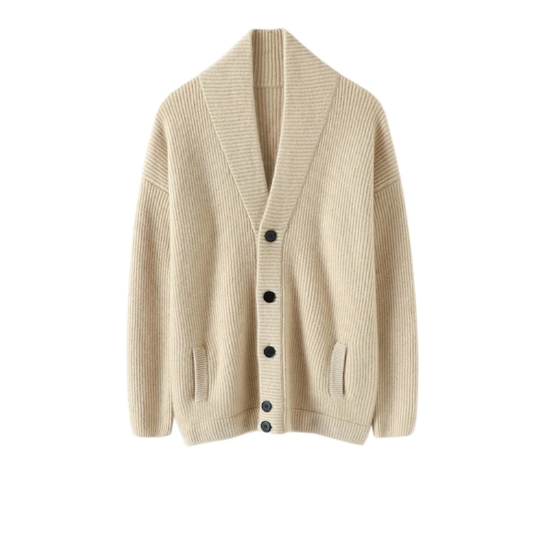 Custom thick wool cashmere jacket winter loose lapel button knitted rib cashmere cardigan sweater for man