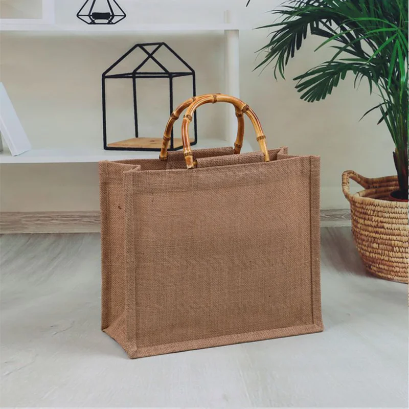 Custom Logo Eco Reusable Jute Handle Bag Shopping Burlap Bag Jute Tote Bag Bamboo Handle