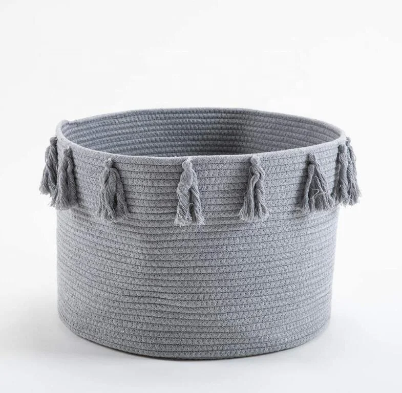 
Hot Sale New Product Collapsible Grey Basket With Tassel Round Cotton Cord Basket 