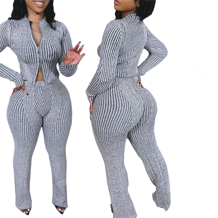Fall 2024 women clothes Knitting Sweater Zipper Top and Pants Casual Two-piece Set