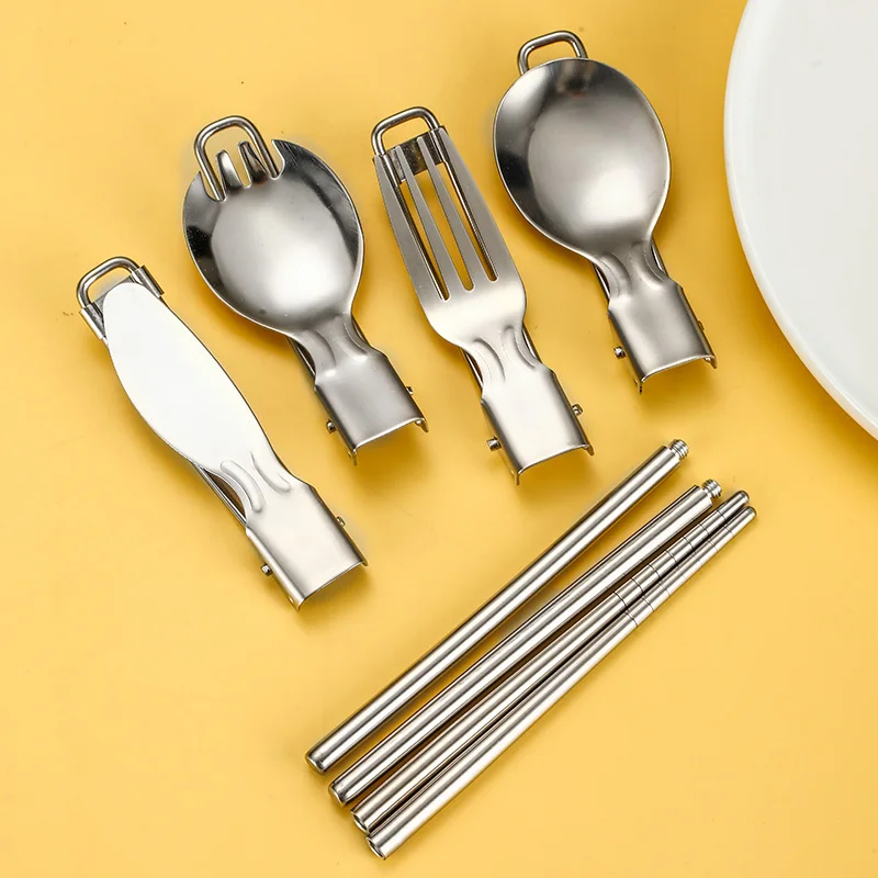 GEMEI 4-in-1 Camping Utensils Hiking Cutlery Set Combo Pack Portable Stainless Steel Flatware Spoon Fork for Picnic Travel