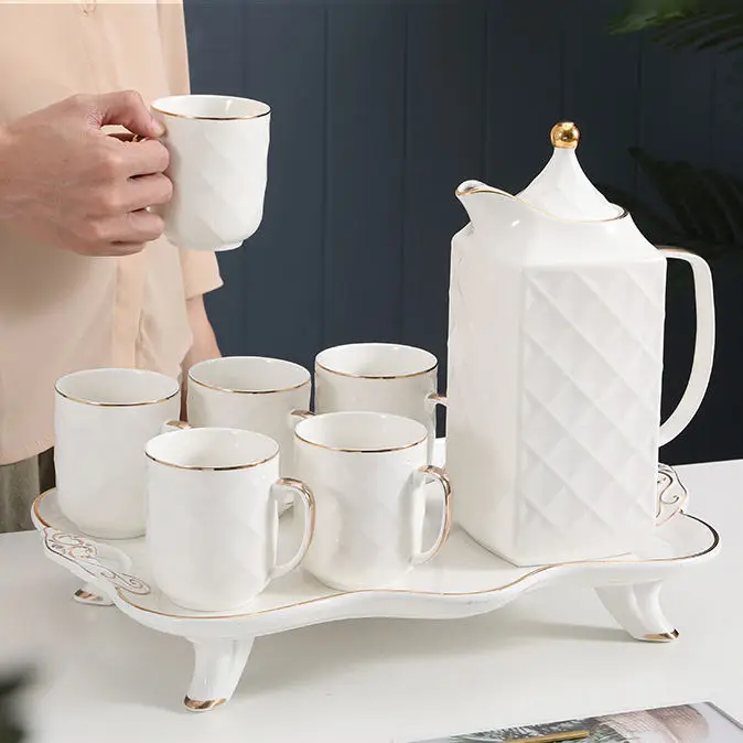 Hot Selling Luxury Afternoon Tea Set Restaurant White Gold Rim Ceramic Tea Cup Set Embossed Coffee & Tea Sets With Tray