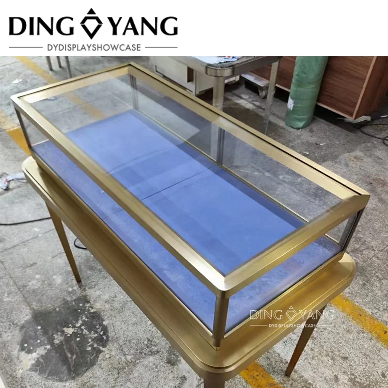 Customized Nice Design Fashion Rectangle 48 X 22 X 38 INCHES Brush Golden Jewelry Glass Showcase With Bright Led Lights