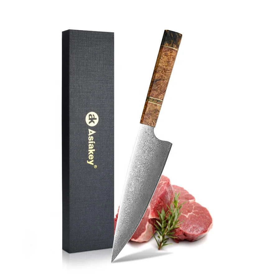 Professional Kitchen Knives Chef knife Damascus Steel Octagonal Stabilized Wood Copper Ring Handle Oil painting Style with Boxes