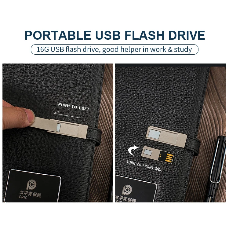 A5 Size Notebook 5w Wireless 10000mah Charging Power Bank Diary Planner Notebook With Lighting Logo and USB