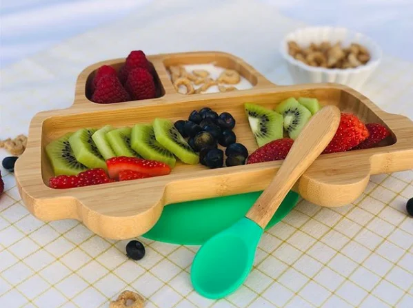 Car Shape Bamboo Baby Toddler Suction Plate, Stay Put Feeding Dinner Dish