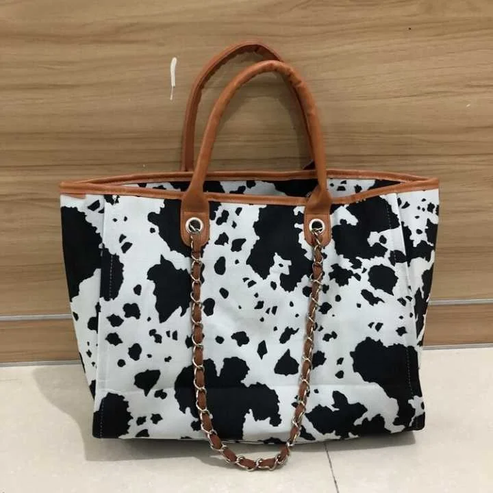 Women Sunflower Cow Print Bull Head Chain Leather Large Tweed Bag