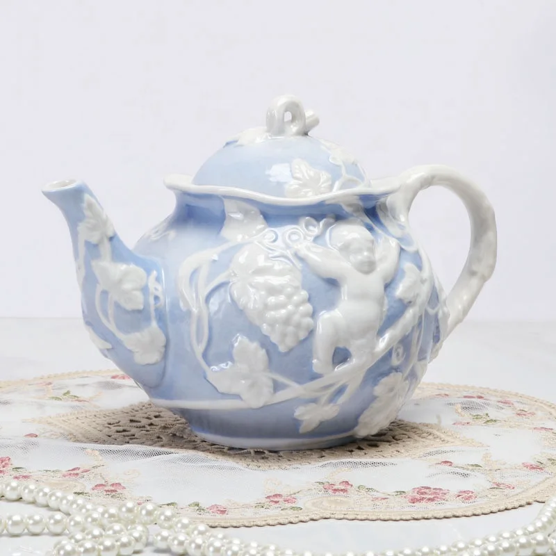 Wholesale European Style Palace Relief Blue Afternoon Tea Porcelain Coffee Sets