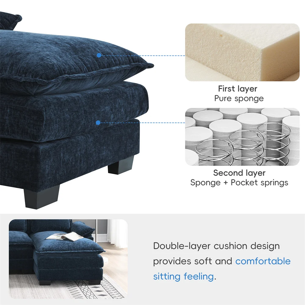Japanese Dark Blue Sleeper Sofa Couch U-shaped Sectional Sofa with Waist Pillows Double Chaise Lounge for Living Room Apartment