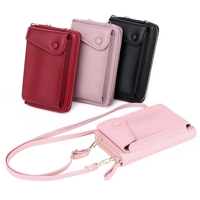 Pu double layer portable shoulder bag solid color multi-function mobile phone bag red small cross body bag lady
