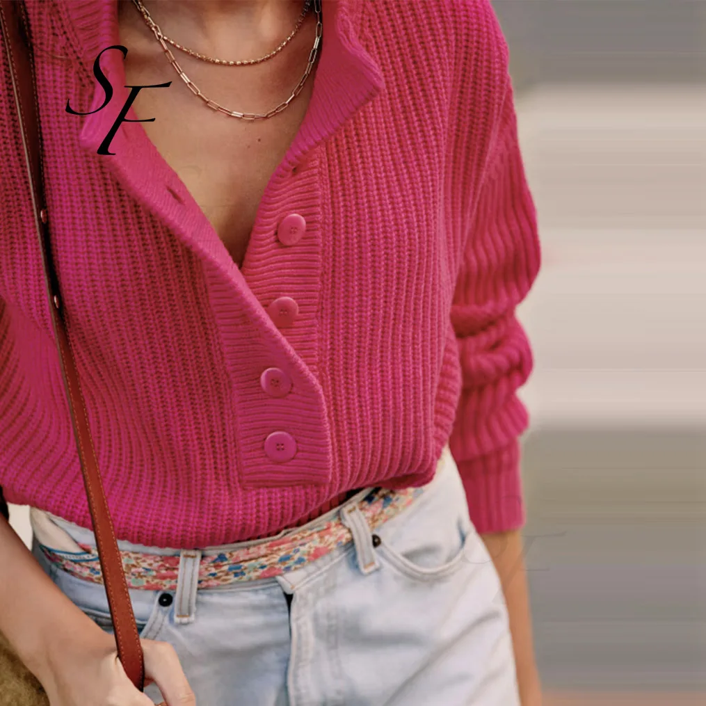 Custom autumn winter merino wool long sleeve high neckline pullover button placket beaded rib knit jumper for women