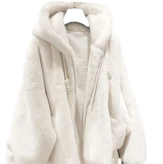 Autumn And Winter Lamb Fur Plush Faux Rex Rabbit Fur Hooded Loose Coat For Women