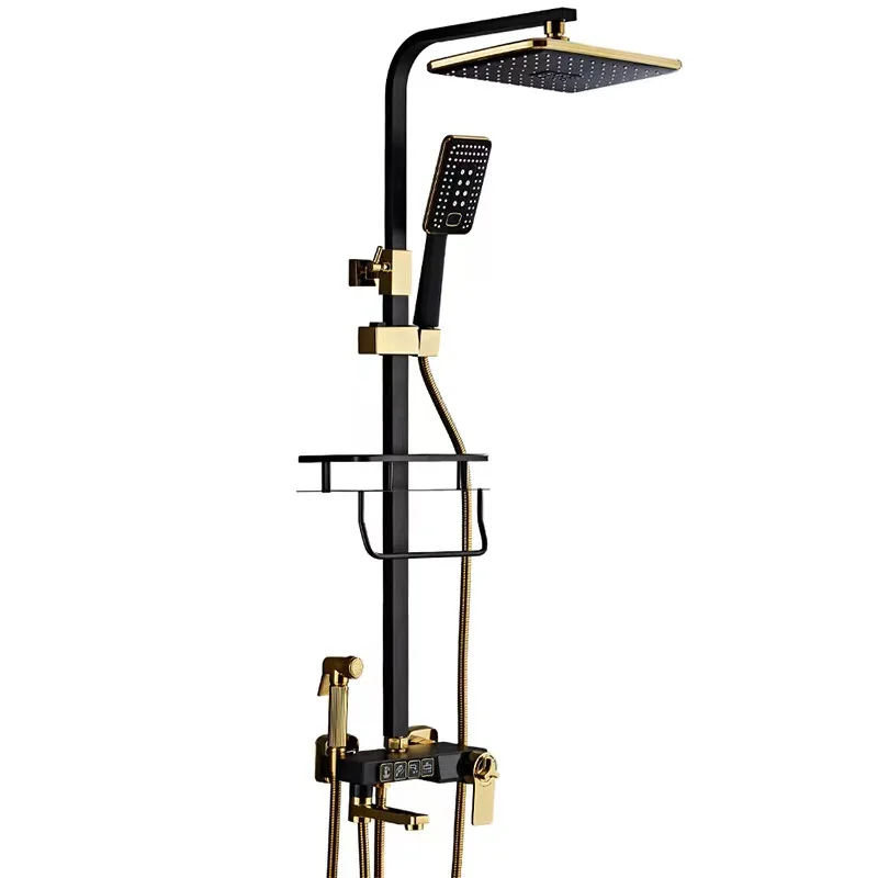 Morden hot and cold digital four speed function square constant temperature shower system luxury black gold bathroom shower set