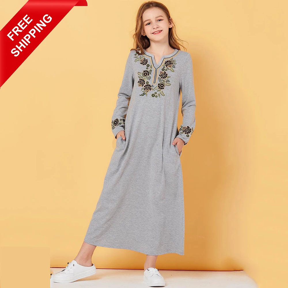 Eid Al Adha Turkish  Kaftan Abaya Girls  V neck  Moroccan Children Kids  Muslim Dresses Embroidery Pattern For Islamic Clothing