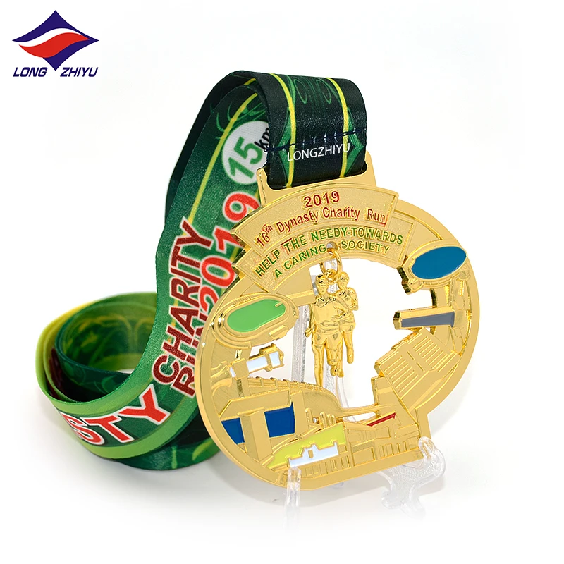 Longzhiyu 15 years maker sports marathon special antique silver and soft enamel cut-out with building  medals