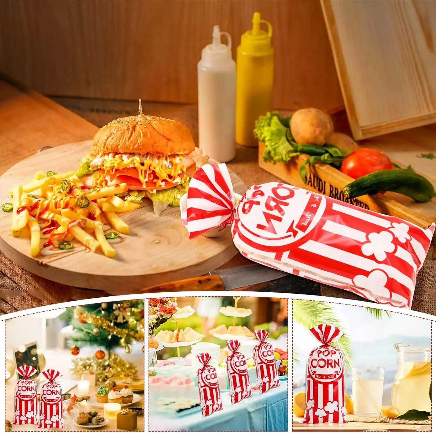 50pcs Plastic Popcorn Bags with Twist Ties Candy Bags Red White Stripe Snack Treat Goodie Bags for Movie Theater Circus Party