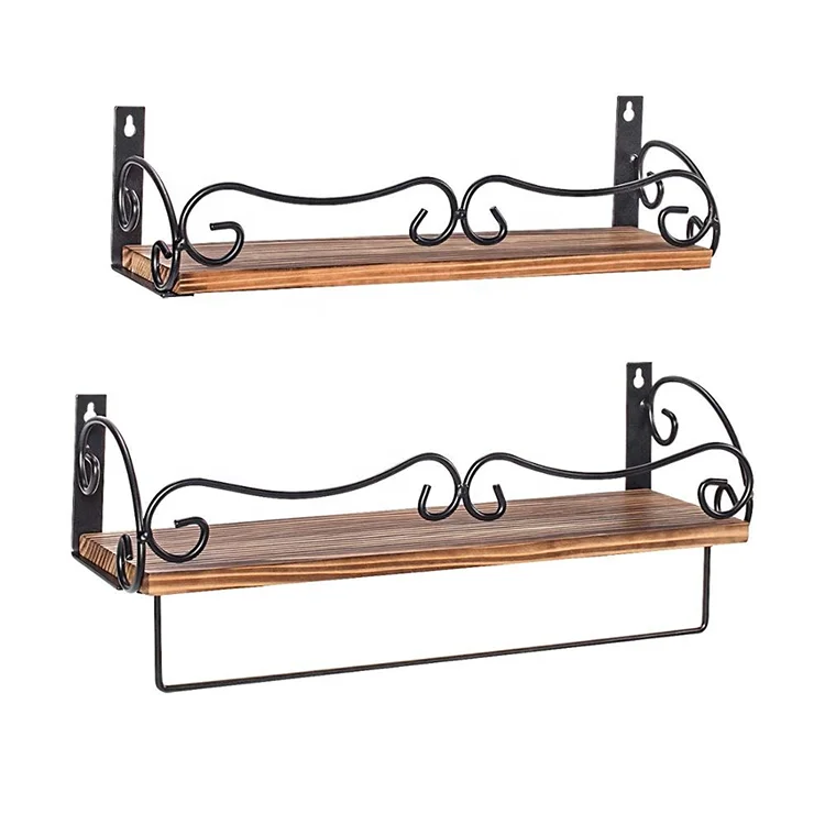 
Country style set of 2 Floating Wall Shelf Rustic Wood Floating Shelves with Removable Towel Bar 