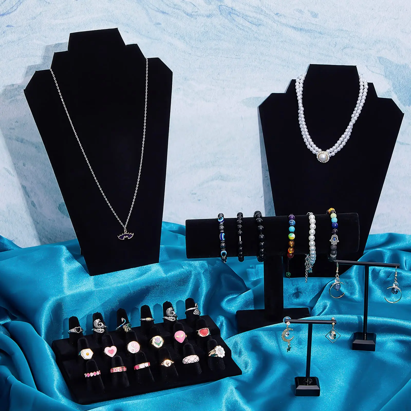 Microfiber Black Velvet Threadless Jewelry Display Earring Ring Necklace Fashion Jewelry Body Chain Display Set