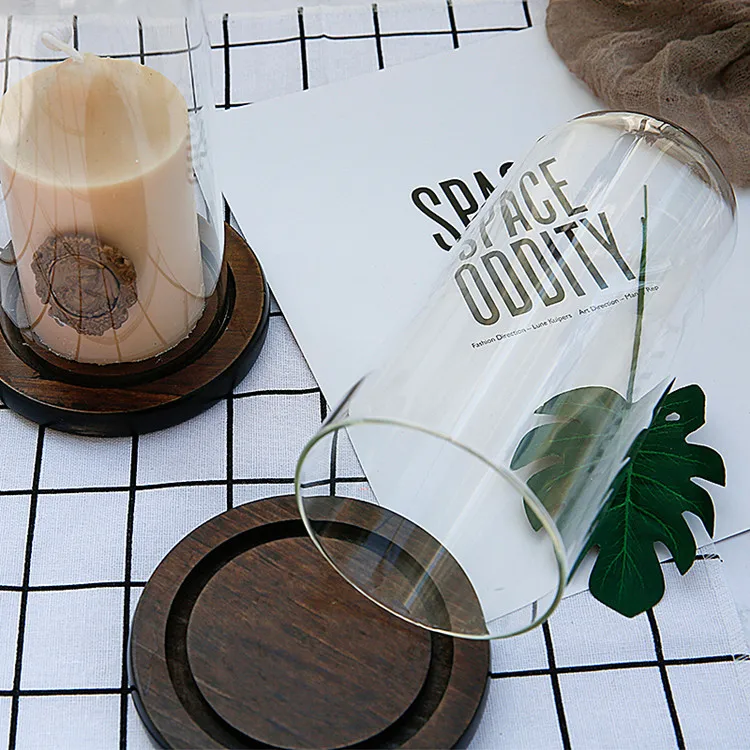 New Design Wood Microlandscape Glass Cover With Foot Wooden Glass Dome Wood Base