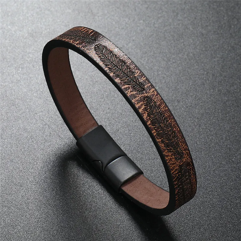 wholesale men jewelry magnetic clasp leather bracelet for men engraving leaf