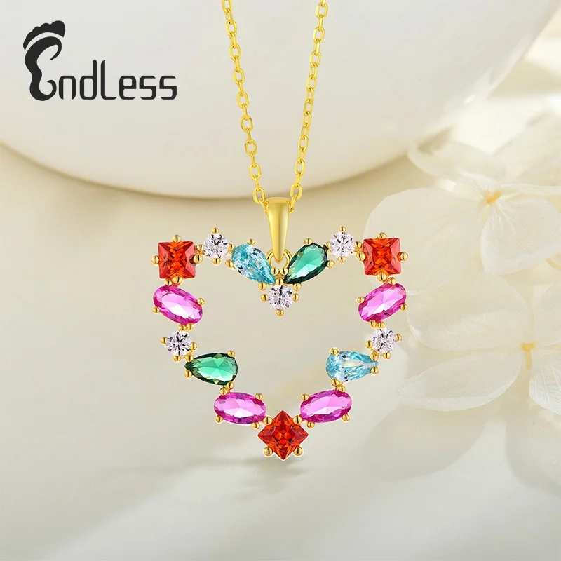 Wholesale Custom Brass Fashion Jewelry 18K Gold Plated Necklace Rainbow Colored Zirconia Heart Shape Pendent Necklace For Women