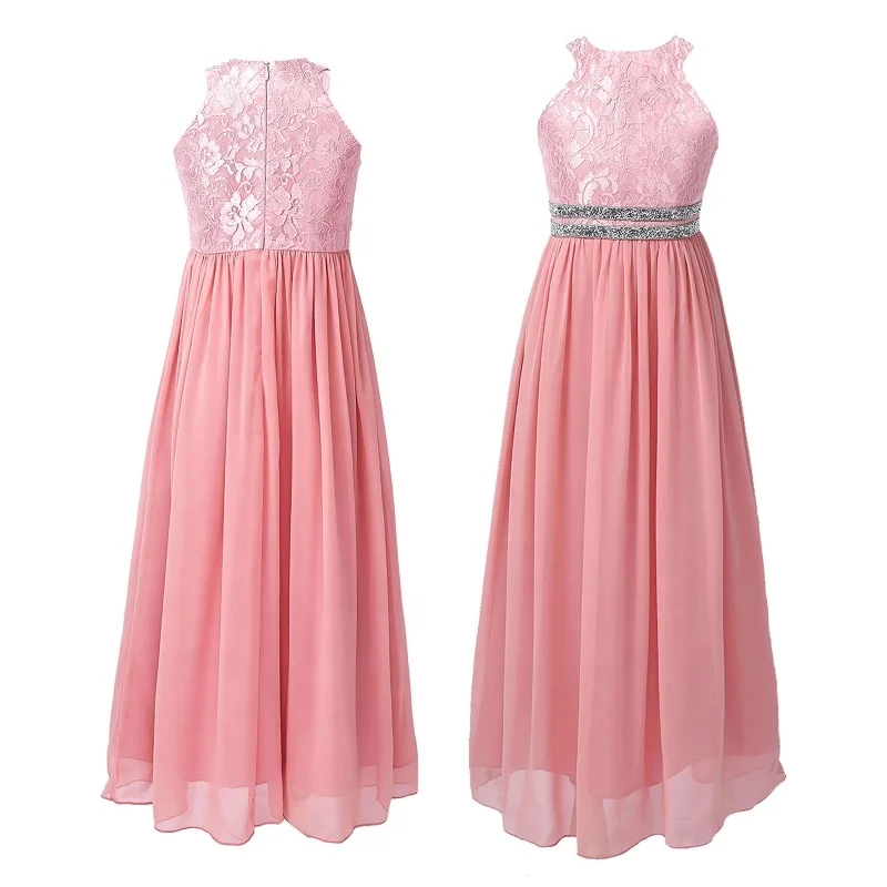 Hot sale Kids Girls Halter Neck Floral Pink Lace Sleeveless Chiffon Wedding Bridesmaid Party Gown Dress