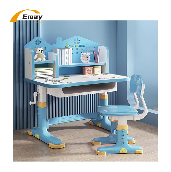 Hand Cranking Adjustable Kid Primary School Students Study Cartoon Pattern PP Table and Chair Set