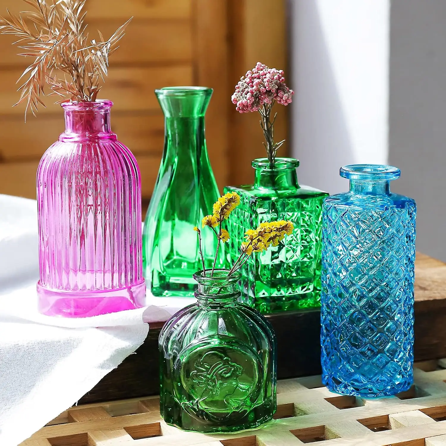 Glass Colorful Bud Vase Small Flower Vases Mini Vintage Vase for Centerpieces Rustic Wedding Holiday Party Table Flower Decor