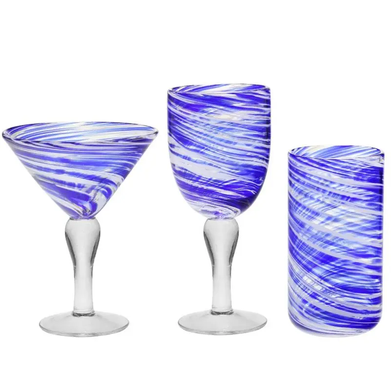 Handmade Spanish Bubble Smoked Wine Glass With Blue Swirl