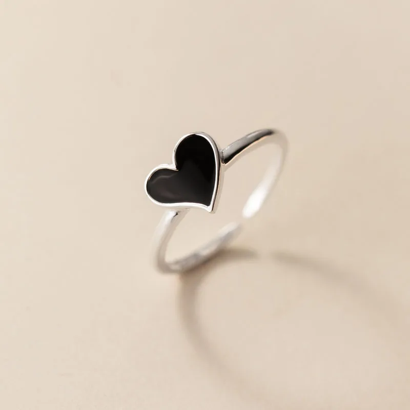 Fashion Black Enamel Heart Silver Open Adjustable Finger Ring For Women Fine Jewelry