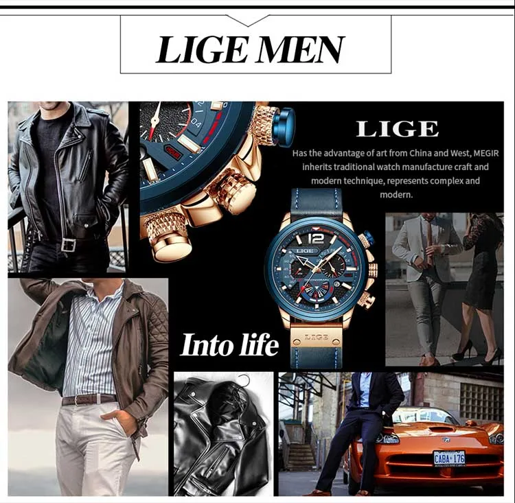 LIGE LG8959 new arrival blue male quartz watch low cost PU leather band 3 dials chronometer old sports hand watch