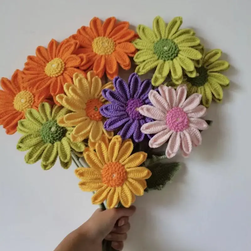 Stem Wool Knitted Flower Bouquet Gerbera Knit Gerbera Crochet African Chrysanthemum Flower Home Decoration Gifts Crochet Flower