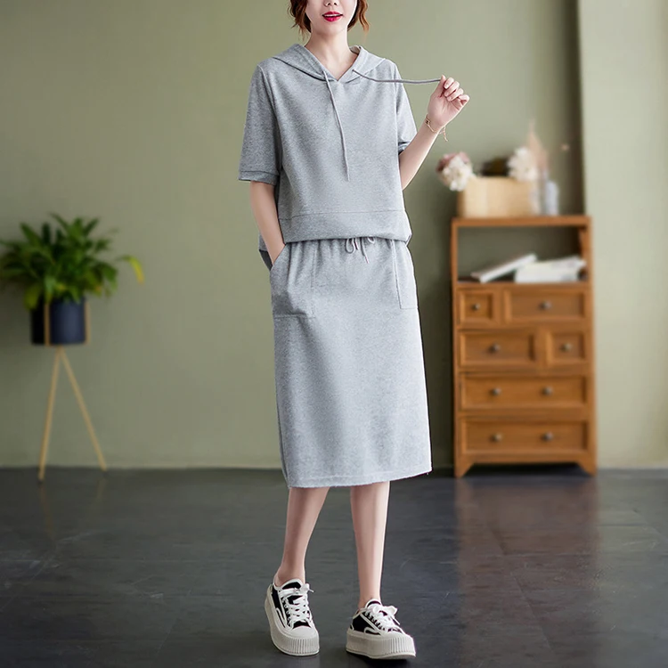 clothing manufacturer wholesale custom best quality gray tracksuit women short sleeve t shirts hoodie set with skirt for usa