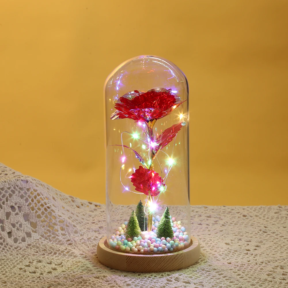 Factory Supply Attractive Price Artificial Flowers Led Lights Galaxy Rose in Glass Dome