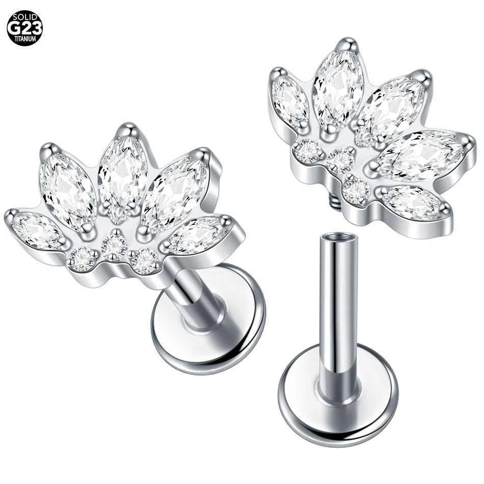 Lingchee ASTM F136 Titanium Thread Lip Rings CZ Helix Conch Labret G23 Titanium Flat Back Tragus Cartilage Earring Piercings