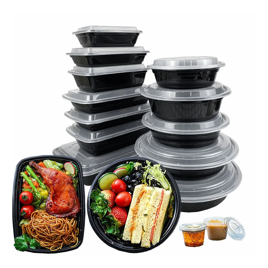 16OZ 24OZ 32OZ 37OZ 58OZ Black Rectangle/Round Disposable Plastic Microwaveable Safe Meal Prep Food Containers