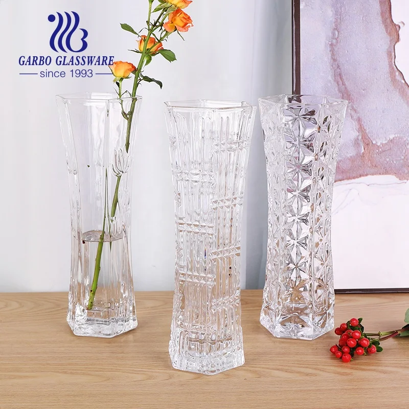 Newest china supplier follower glass vase for home decoration with engraved glass designs china  glassware for tableware